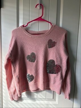 Justice Pink Sequin Heart Chenille Super Soft Sweater
